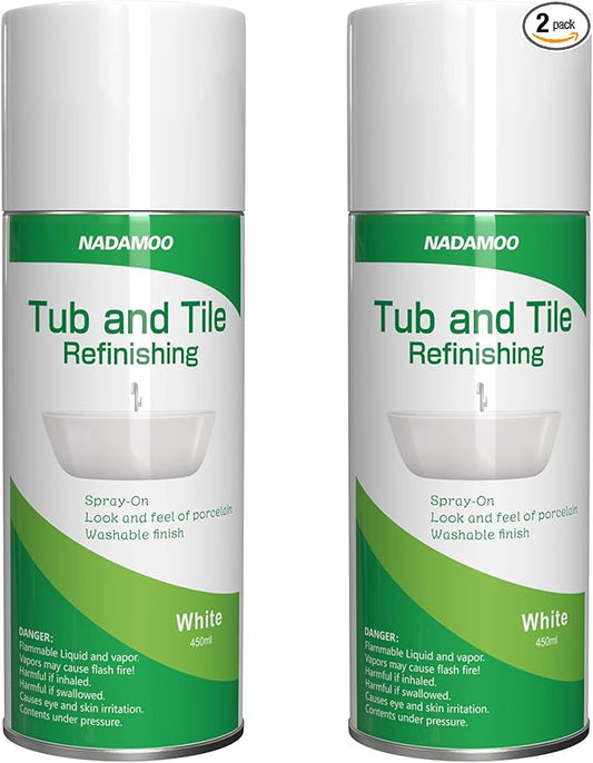 NADAMOO White Bathtub and Tile Refinishing Spray Paint Kit, 450ml (2 Pack), Semi-Gloss DIY Coating for Porcelain, Fiberglass, and Sinks