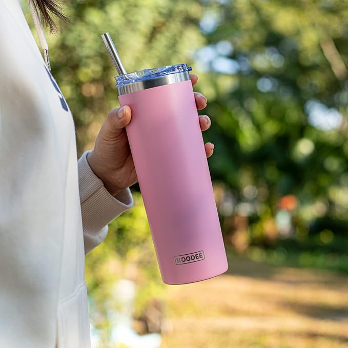 koodee 20 oz Skinny Tumbler (2 Pack) Stainless Steel Double Wall Insulated Water Tumbler Cup with Straw, Slim Travel Tumbler for Women Diy Birthday Gift (Purple-Pink)