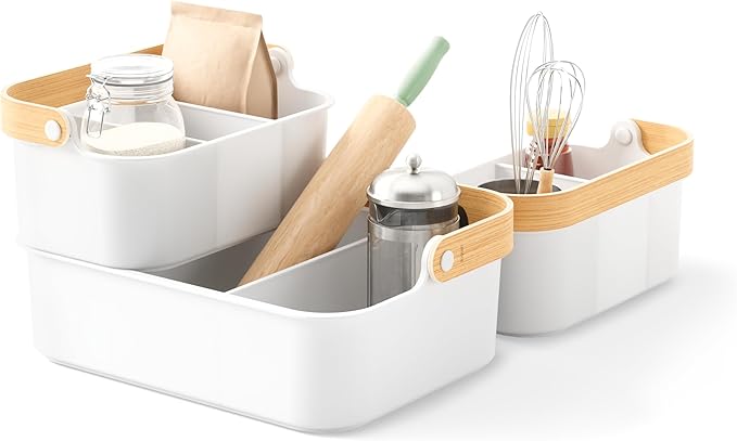 Umbra Bellwood Stackable Bin, 11" x 7" Durable Lightweight Container with Wooden Handle and Removable Dividers, White/Natural