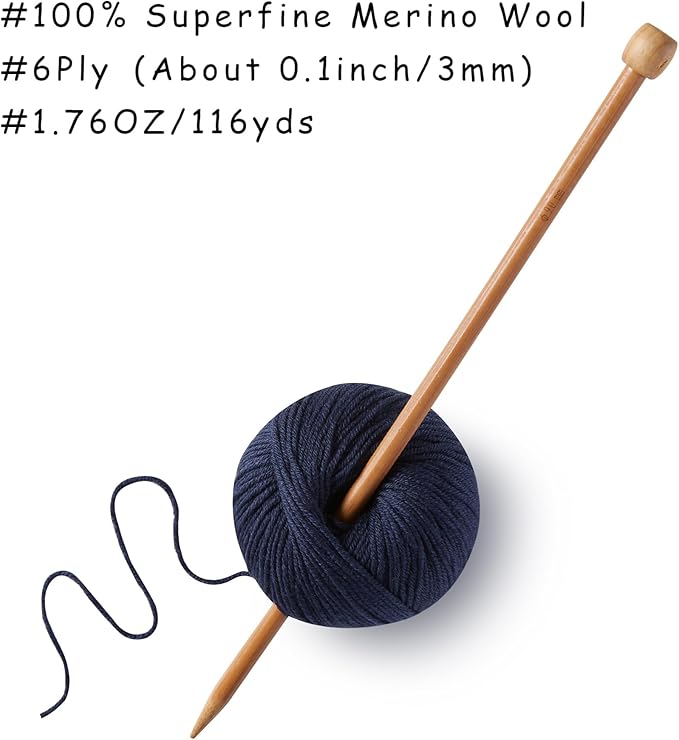 100% Merino Wool Yarn, 6-Ply Luxurious and Soft Yarn for Hand Knitting & Crocheting, 1.76 OZ/50g, 127 yds/116 Meters (Navy Blue, 3 Balls)