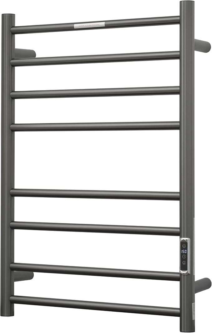 Electric Heated Towel Warmer - Wall Mounted Bathroom Towel Rack, Plug-in Design & Brushed Stainless Steel Finish 8 Bar Gunmetal with Timer & Temperature Control