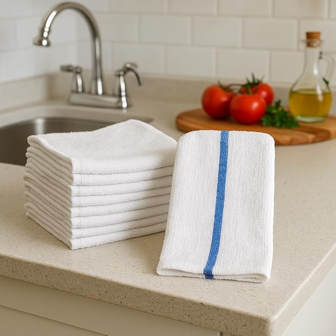 ZUPERIA Bar Mop Towels - 12 Pack (16"x19") - 100% Cotton High Absorbency Kitchen Towels – Reusable Dish Cloths, Quick-Dry Rags with Blue Stripe – Ideal for Restaurants, Cooks, Bartenders & Homes