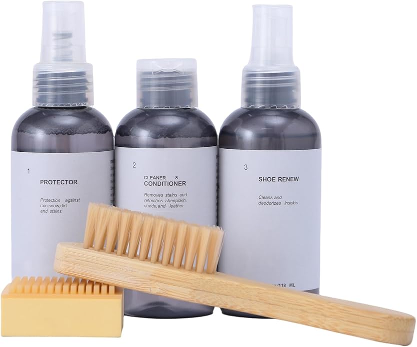 Shoe Care Kit with Restore Spray, Guard Spray, Cleaner, Brush and Eraser, 4 Fl Oz Bottles for Sheepskin Suede Boots Canvas Slippers