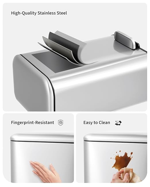 IDEALHOUSE 13 Gallon / 50L Stainless Steel Step Trash Can - Hands-Free Waste Bin with Soft-Close Lid, Removable Inner Bucket, Rectangular Design for Kitchen, Home, Office & Bathroom, Stainless Steel