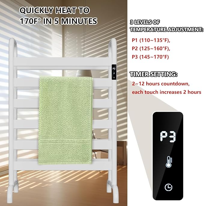 Towel Warmer Rack, Heated Towel Racks for Bathroom, with Timer and Temperature Adjustment, Overheat Protection Function, 12 Heating Rods, Large Free-Standing Suitable for Bathroom, Bedroom