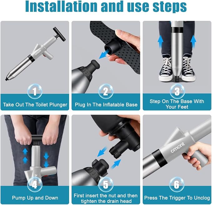 Toilet Plunger Drain Clog Remover: High Pressure Air Drainage Blaster Gun Clog Remover Tool- Stainless Steel Gray Air Plunger for Bathroom, Sink, Floor, Kitchen Clogged