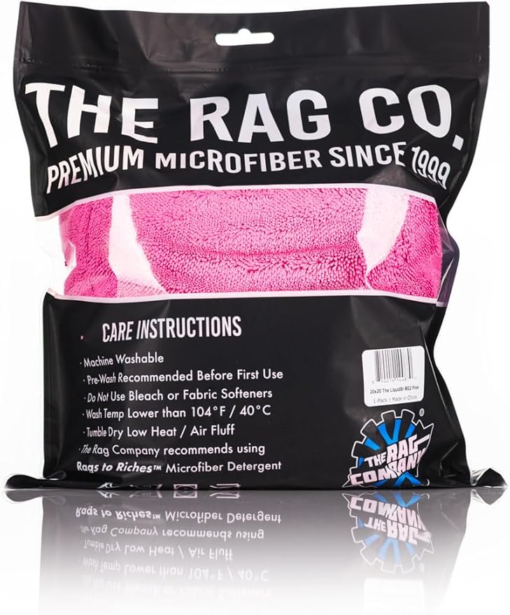 The Rag Company, The Liquid8r M22, Absorbent 70/30 Blend Microfiber Drying Towel for Cars, Trucks, and SUVs, Safe for Detailing, Scratch-Free, Twist Loop, 1100 GSM, 20x20 Inches, Pink