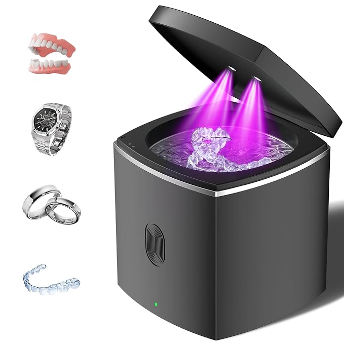 Ultrasonic Retainer Cleaner for Dentures - Sonic Denture Cleaner Machine for Mouth Guard Retainer Washer Sliver Jewelry Ring Brace Toothbrush Head Jewelry 43kHz Dental Tools Black