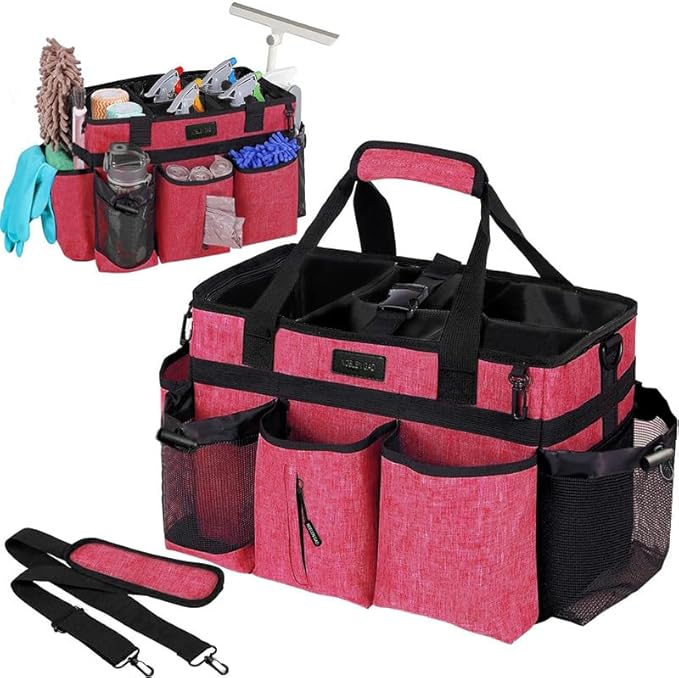 Wearable Cleaning Caddy Bag,Cleaning Supply Tote for Cleaning Supplies, Cleaning Organizer with Adjustable Shoulder and Waist Straps for Cleaners & Housekeepers (Increased Rose Red, Plus)