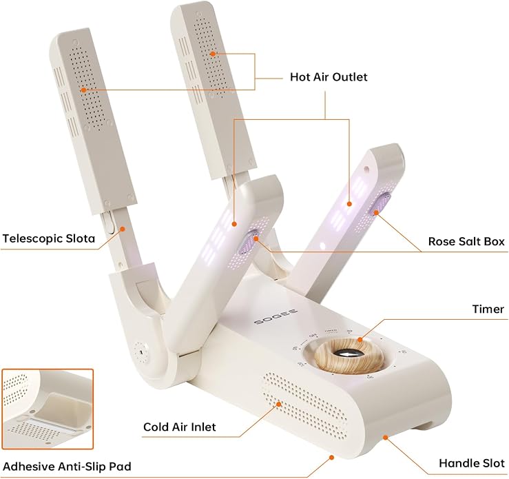 Boot Dryer, Shoe Dryer for Work Boots and Gloves, 4 Tubes with Timer, Rose Salt Remove Odor, Quiet Portable Shoe Dehumidifier, Suitable for Ski Boots, Shoes, Gloves, Socks & Hats, Ivory, SH01A