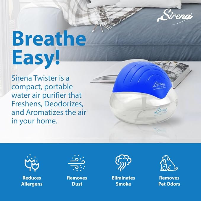 Sirena Twister Air Purifier (Blue) - Water Filter Air Washer For Home and Office - Essential Oil Aroma Diffuser With LED Night light - Small Air Cleaner For Smoke and Pets