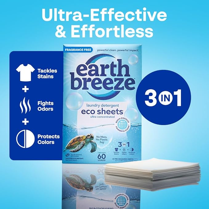 Earth Breeze Fragrance Free Laundry Detergent & Dryer Sheets Bundle – 3PK Laundry (180 Loads) + 2PK Dryer Sheets (120 Loads) – Made in USA, Hypoallergenic