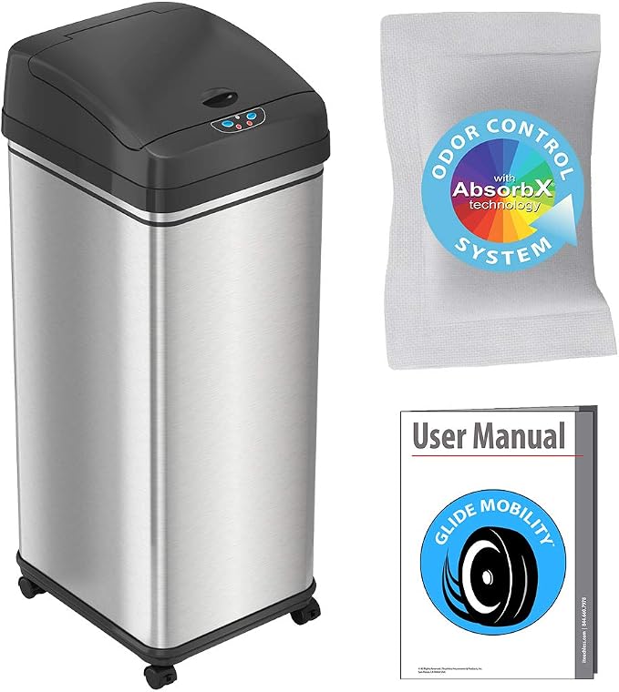 iTouchless Rolling 13 Gallon Sensor Trash Can with Wheels and Odor Control System & AC Power Adapter for Automatic Sensor Trash Cans, Official and Manufacturer Certified, UL Listed, Energy Saving