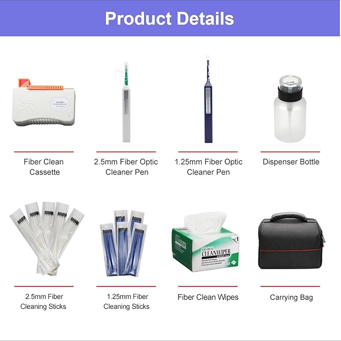 Fiber Optic Cleaning Kit Fiber Optic FTTH Cleaner Tools with 1.25mm / 2.5mm Fiber Optic Cleaner Pens and Cleaning Sticks Wipes for Cleaning FC SC ST LC MU Connectors