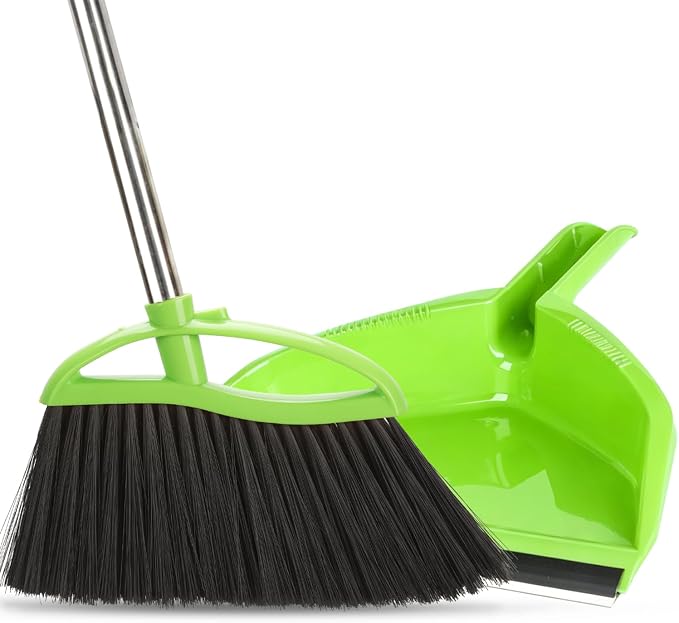 Soft Bristle Broom and Dustpan Combo Set, Long Handle Indocor Broom with Dustpan Set for Kitchen Hardwood Room Office and All Household Floor Cleaning (Green)
