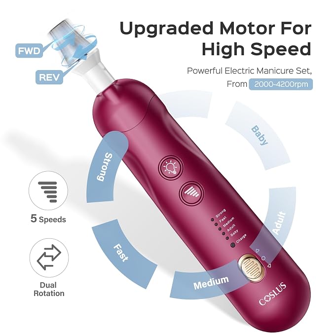 COSLUS C43 Professional Manicure Pedicure Kit, 5-in-1 Electric Nail File for Toenail Hand Feet, Basic & Thick Nails Care, Cordless, 5 Speeds, for Men Women Seniors Home Salon, Standard Grinder, Red