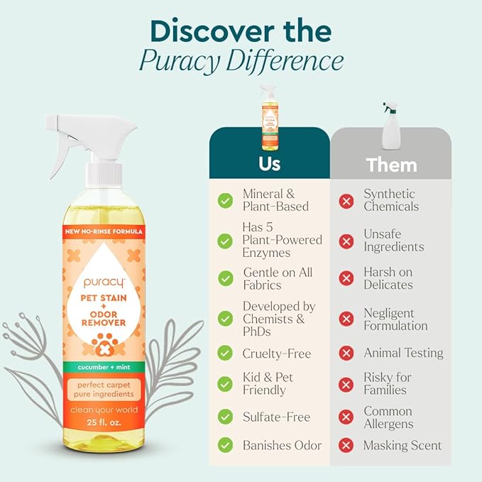 Puracy Pet Stain and Odor Remover and Stain Remover Spray Bundle - Enzyme Cleaner for Dog Urine and Poop Carpet (Cucumber & Mint, 25oz) Travel Laundry Stain Cleaner for Clothes (Free & Clear, 12oz)