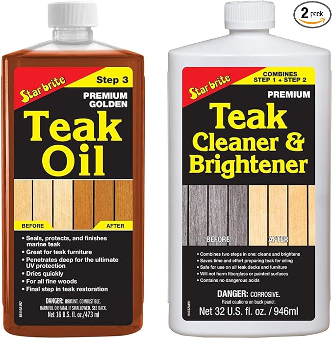 STAR BRITE Premium Golden Teak Oil - Sealer, Preserver & Finish for Outdoor Teak & Other Fine Woods - Step 3-16 OZ (085116PW) & One Step Teak Cleaner & Brightener - 32 OZ (094932), White