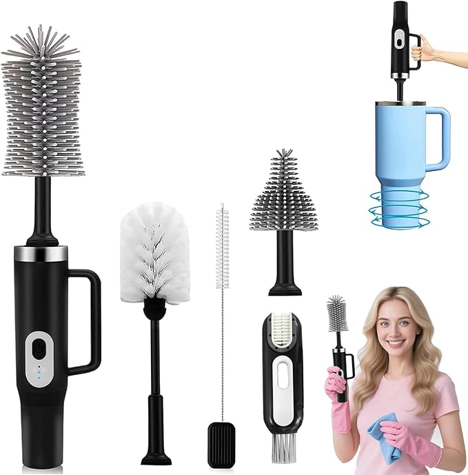 5 in 1 Electric Bottle Brush Cleaner Compatible Stanley Bottle Brush Straw Cleaner Multifunction Rechargeable IPX6 Waterproof Extra Long Design for Stanley Cup, Sports Bottle and More (Black)