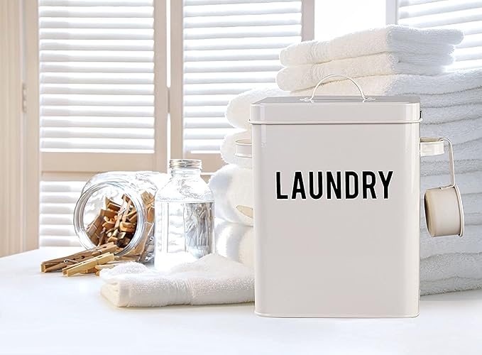 LA JOLIE MUSE Laundry Detergent Powder Storage Tin Box, Farmhouse Laundry Room Decor, 9 Inch High, Cream