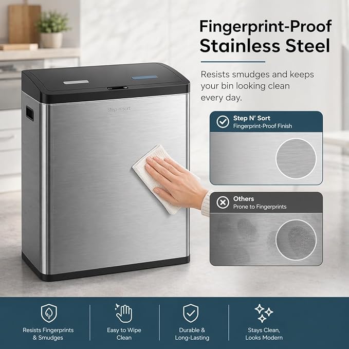 Step N' Sort Motion Sensor Trash Can (60L) – Touchless Stainless Steel Kitchen Garbage & Recycling Bin with Dual Compartments, Soft-Close Lid & Fingerprint-Proof Finish