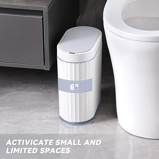 ELPHECO Bathroom Trash can Motion Sensor, AutomaticGarbage can, Slim Plastic Smart Trash Bin with Lid, Commercial Intelligent Wastebaskets for Bedroom, Bathroom, Office, White Grey