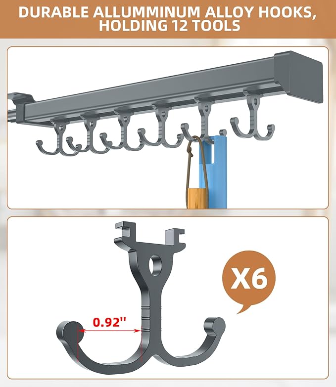 Pull Out Broom Holder, Multifunctional Slide Broom And Mop Storage/Organizer With Adjustable Double Row Sliding Hook, Garage Organization Hooks, for Closet Laundry Garage - Dark grey - 36cm