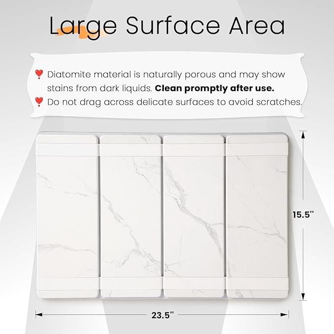 Large Stone Drying Mat for Kitchen Counter, Easier Cleanup - Smart hinge design, Quick-Dry Non-Slip Counter Protector for Dishes, Cups & Bottles, 24.5" x 16"