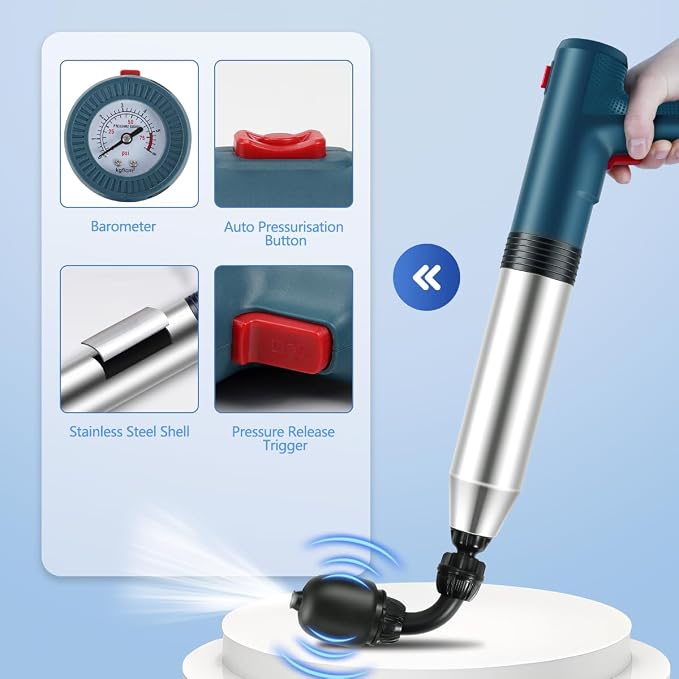 Electric Toilet Plunger High Pressure Electric Air Drain Blaster Gun with Visual Barometer，Air Power Plunger for Bathroom,Kitchen Bathtub Toilet Floor Drain Clog Remover-Blue