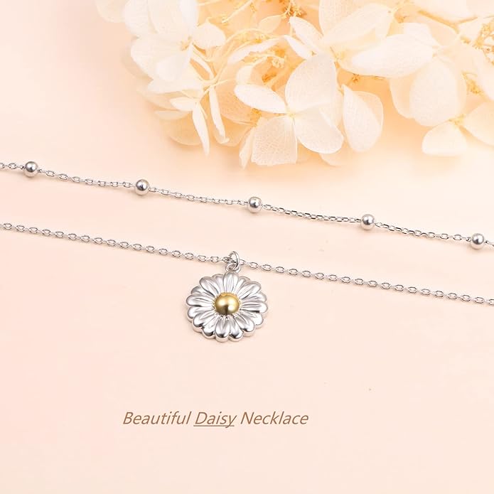 FLYOW Layered Choker Necklace S925 Sterling Silver Star Full Moon Daisy Flower Pendant Disc Jewelry Adjustable Clavicle Necklaces for Women Girls Birthday Gifts