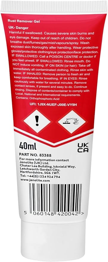 JENOLITE Gel Rust Remover for Metal 40 ml (1.3 fl oz). Non‑Drip Naval Jelly for Automotive and Vertical Metal Surfaces. Fast‑Acting Concentrated Gel Dissolves Rust to Bare Metal. Made in Britain