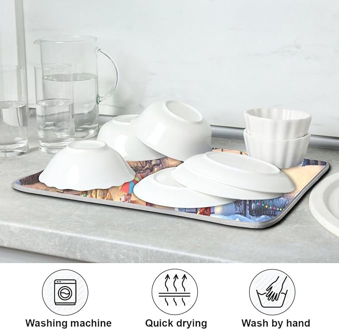 Winter Christmas Dish Drying Mat Cute Microfiber Drying Mats for Kitchen Counter,Reversible,Extra Large 24 x 18 Inches