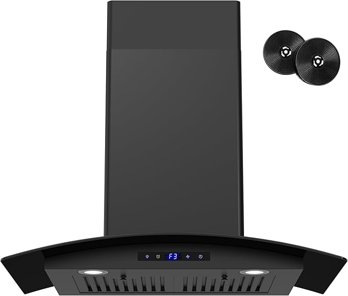 FIREGAS Range Hood 30 inch, 600 CFM Wall Mount Glass Kitchen Hood Ducted/Ductless Convertible with 3-Speed Fan, Screen Control, Time Setting, LED Lights, Black Painted Stainless Steel Vent Hood