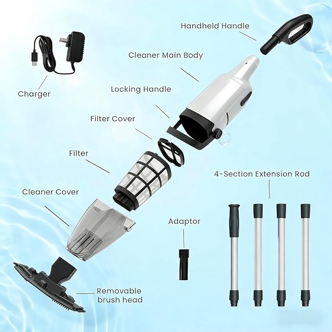 Handheld Pool Vacuum Cleaner, Updated Cordless Pool Cleaner with Powerful Suction, 15 GPM, Great for Dirt Sand Debris for Hot Tub Spa Floor Pool (Gray)