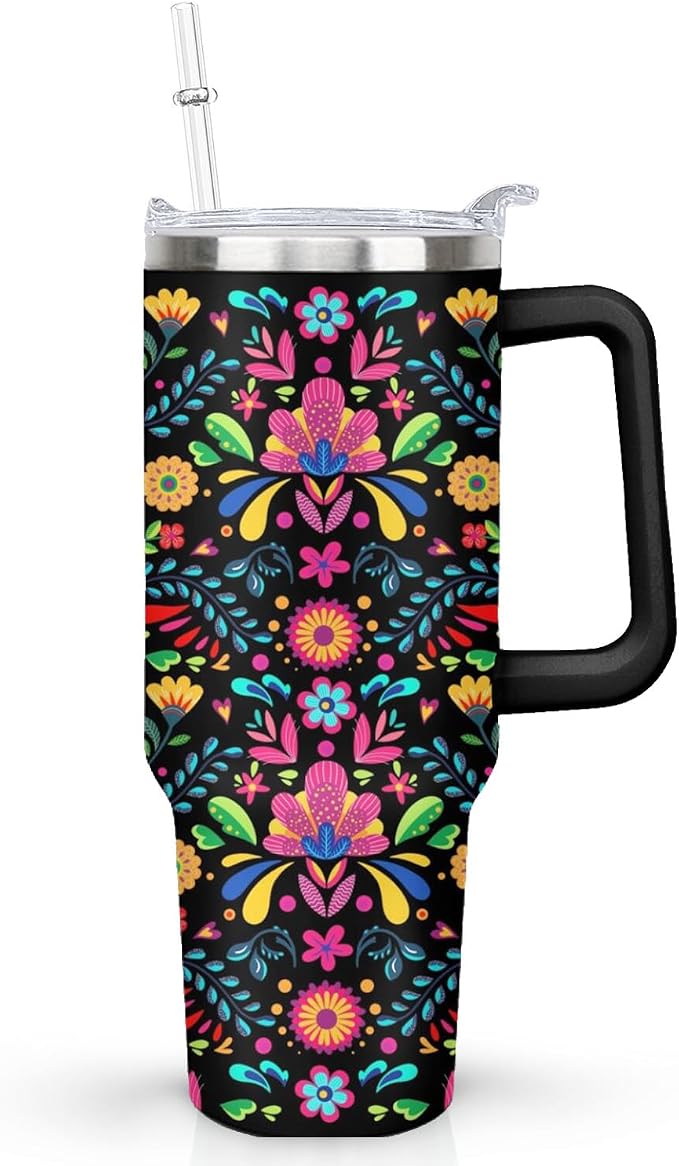 Ceovfoi 40 oz Mexican Flower Tumbler with Handle Lid and Straw, Stainless Steel Insulated Coffee Mug Cup, Mexican Stuff Supplies Accessories Gifts for Women
