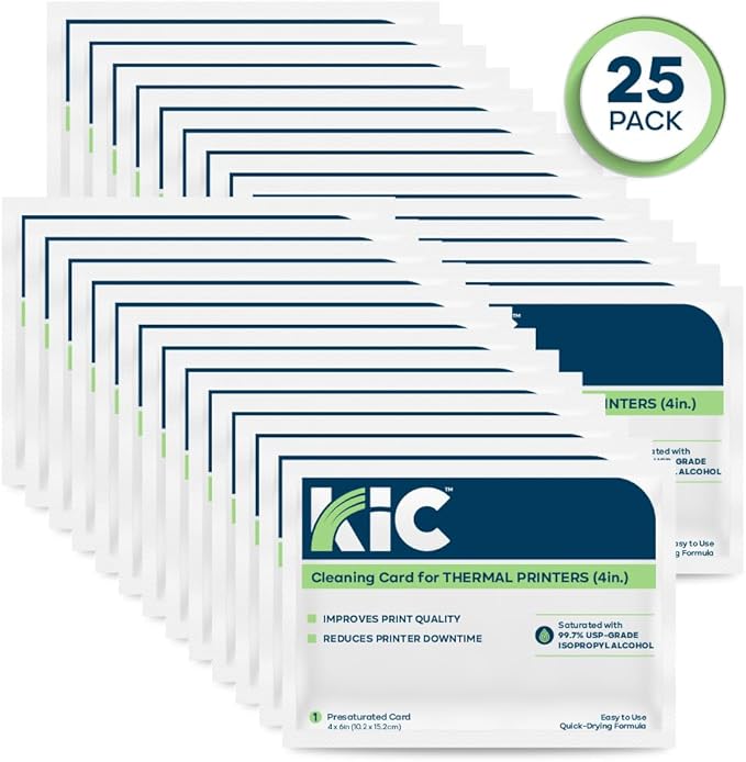 KICTeam - Cleaning Cards for Thermal Printers (25 Cards) - Presaturated with Quick Drying Solution to Clean 4in Receipt Paper Thermal Printers