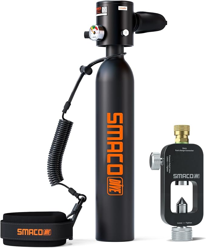 SMACO Mini Scuba Tank 0.5L Portable Small Diving Tank for Underwater Breathing Reusable Diving Cylinder Lung Air Tank for Emergency Rescue Boat Cleaning Backup Air Source Pony Bottle S300