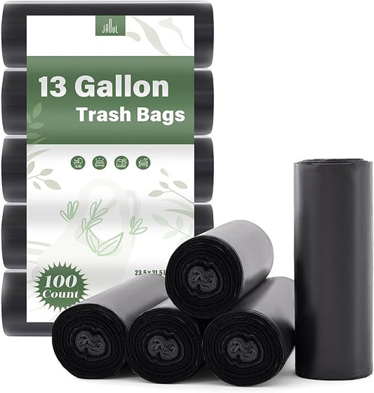 Jaoul Trash Bags 13 Gallon, Strong Tear & Leak Resistant Large Garbage Bags, 0.97 Mil Extra Strong Trash Bags for Kitchen, Bathroom, Office, Restroom, Car, Black, 100 Counts