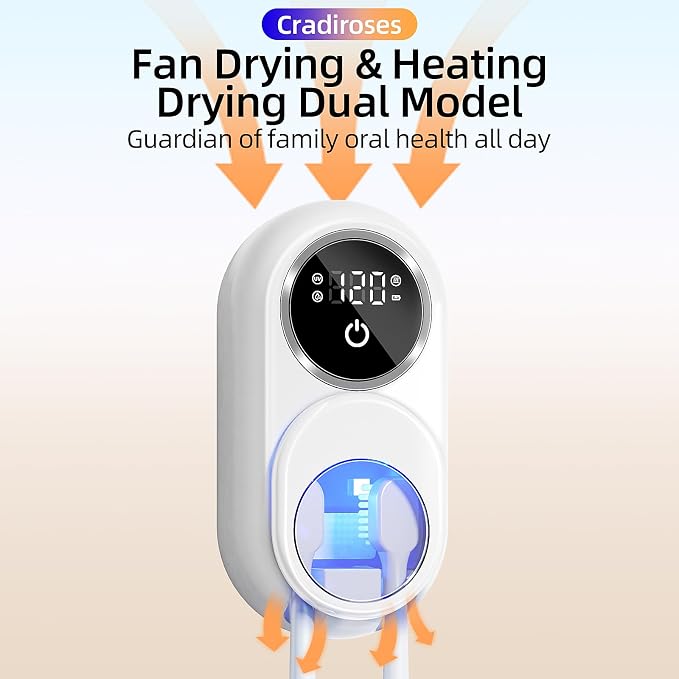 UV Toothbrush Sanitizer Holder, Auto-Sensor Wall-Mount Tooth Brush Cleaner with Heated Drying, 2 Slots LED Smart Screen for Bathroom (White)