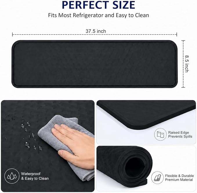 Refrigerator Leak Protection Set, 1 Under Fridge Mat (37.5" x 8.5") + 2 Silicone Refrigerator Drip Trays, Black Non-Slip Textured Floor Protector &Water Dispenser Tray
