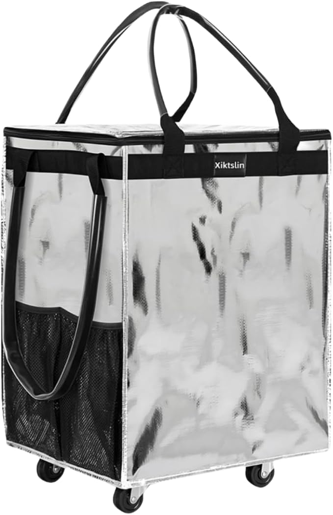 (Medium, Starlight Silver)Reusable Grocery Bag on 4 Wheels,Foldable Rolling Tote Carries Up to 66lb Shopping Trolley,Rolling Bag with 3 Handles,Zipper Clouser Rolling Tote Bag with Wheels for Laundry