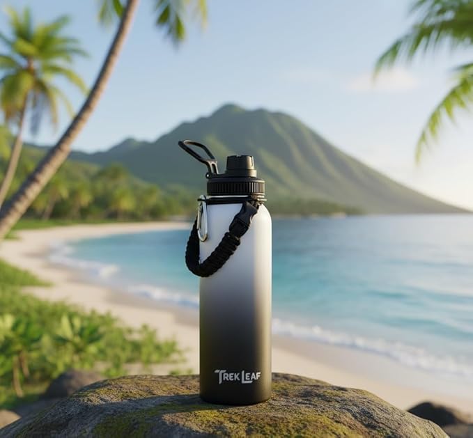 Travel Water Bottle with Carrying Bag, 3 Lids (Spout, Straw, Handle), and Bottle Brush; Leak Proof, Quality, Vacuum Insulated, Stainless Steel (Day & Night, 40 oz)