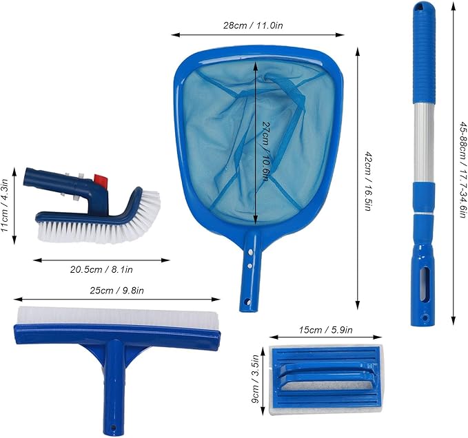 Swimming Pool Care Kit, Telescopic Pole 45-88cm with Fine Mesh Pool Skimmer Net and Brush for Spas Hot Tub, Pool Maintenance Tool Set