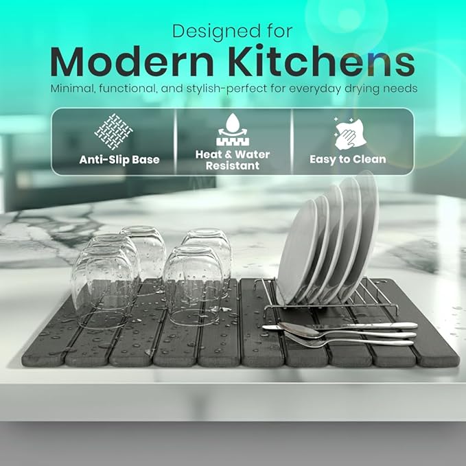 Stone Dish Drying Mat For Kitchen Counter - Fast-Drying 24"(L)×16"(W) Collapsable Diatomaceous Mat With Four Matching Stone Coasters - Versatile Stone Drying Mat for Cups, Dishes, Bottles