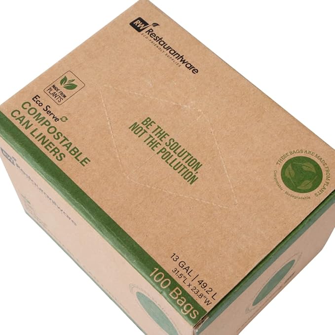 Restaurantware-RW Eco 13 Gallon Biodegradable Garbage Bags, 100 Compostable Trash Bags - Star Seal Bottom, Won't Tear Or Leak, Green Plastic Trash Can Liners, BPI-Certified, For Office And Homes