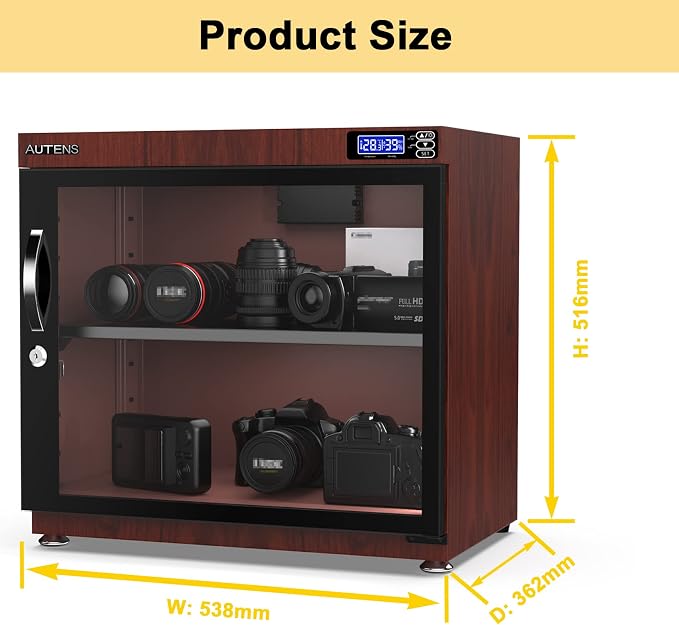 80L Dehumidifying Dry Cabinet Box, Wood grain Design Digital Control Noiseless and Energy Saving, for Camera Lens and Electronic Equipment Storage,Temperature Humidity LED Dual Screen