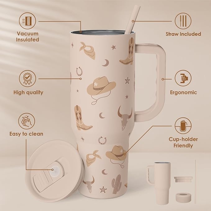 SANDJEST Cowgirl Tumbler 40oz for Women Girls – Stainless Steel Travel Coffee Mug Cup with Handle and Straw, Gift for Birthday Christmas