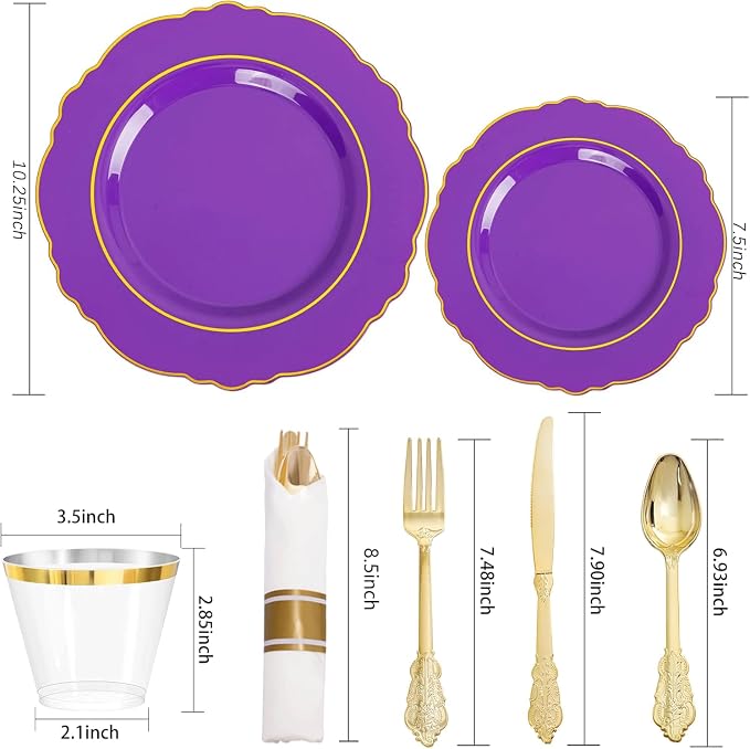 Liacere 350PCS Purple Plastic Plates-Disposable Purple and Gold Plates 50 guest Baroque Plastic Dinnerware include 100Plates,50Pack Pre Rolled Napkins with Silverware 50Cups for Wedding & Party