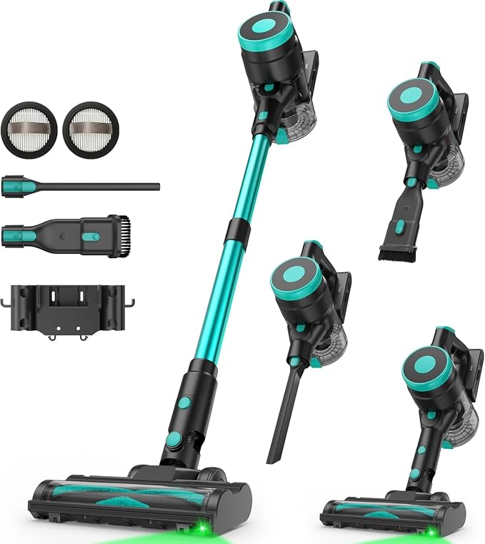 Zefiro Cordless Vacuum Cleaner,45Mins Runtime Vacuum Cleaners for Home, Anti-Tangle and 1.5L Dust Cup, Lightweight Vacuum for Hardwood Floor Carpet Pet Hair (Grenn&Black)