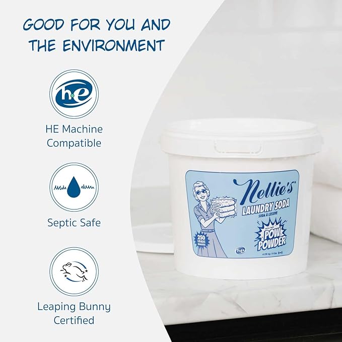 Nellie's Laundry Soda with POW Powder - 250 Loads - Environmentally Conscious Laundry Detergent with Stain-Fighting Active Enzymes - High-Efficiency, Gentle on Skin and Environment - (Made in Canada)